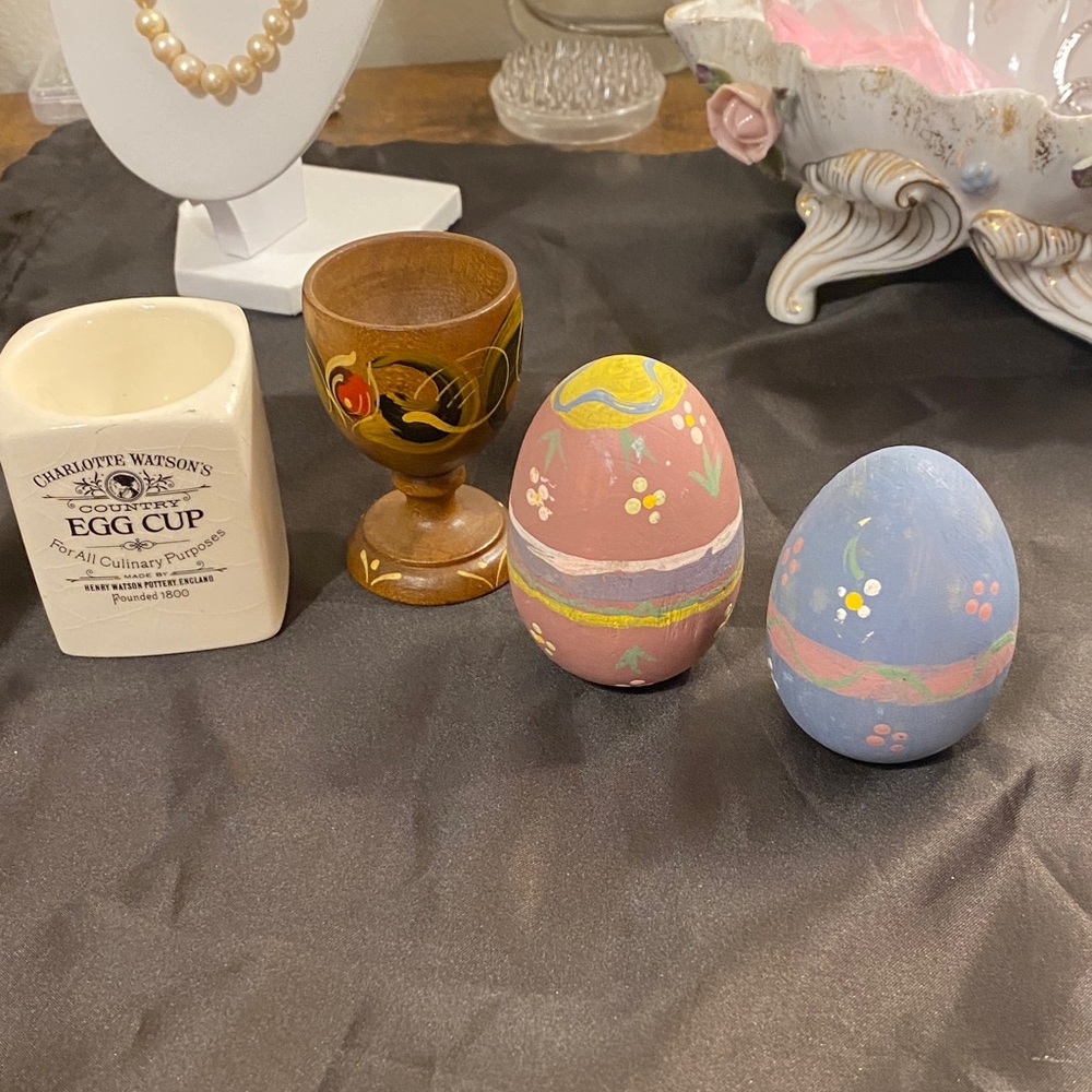 Wood Hand-painted Eggs and Egg Cups